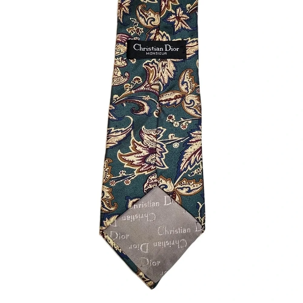 Vintage Christian Dior Monsieur Silk Tie Green Floral Botanical USA Made Necktie